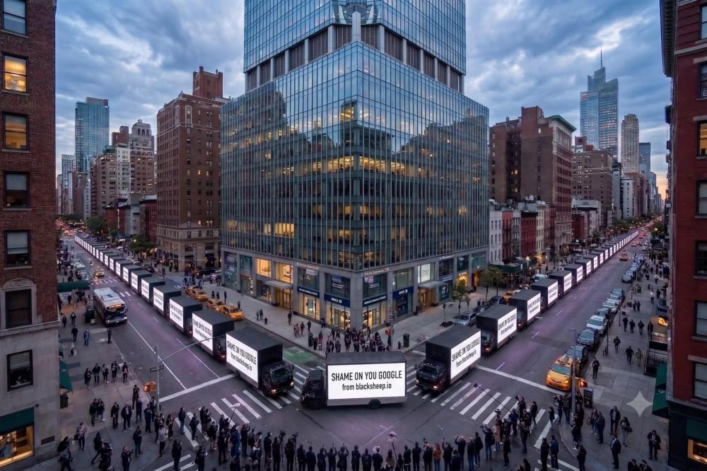 A fleet of white LED billboard trucks reading “SHAME ON YOU GOOGLE — blacksheep.io” encircling Google’s Chelsea headquarters in New York City.