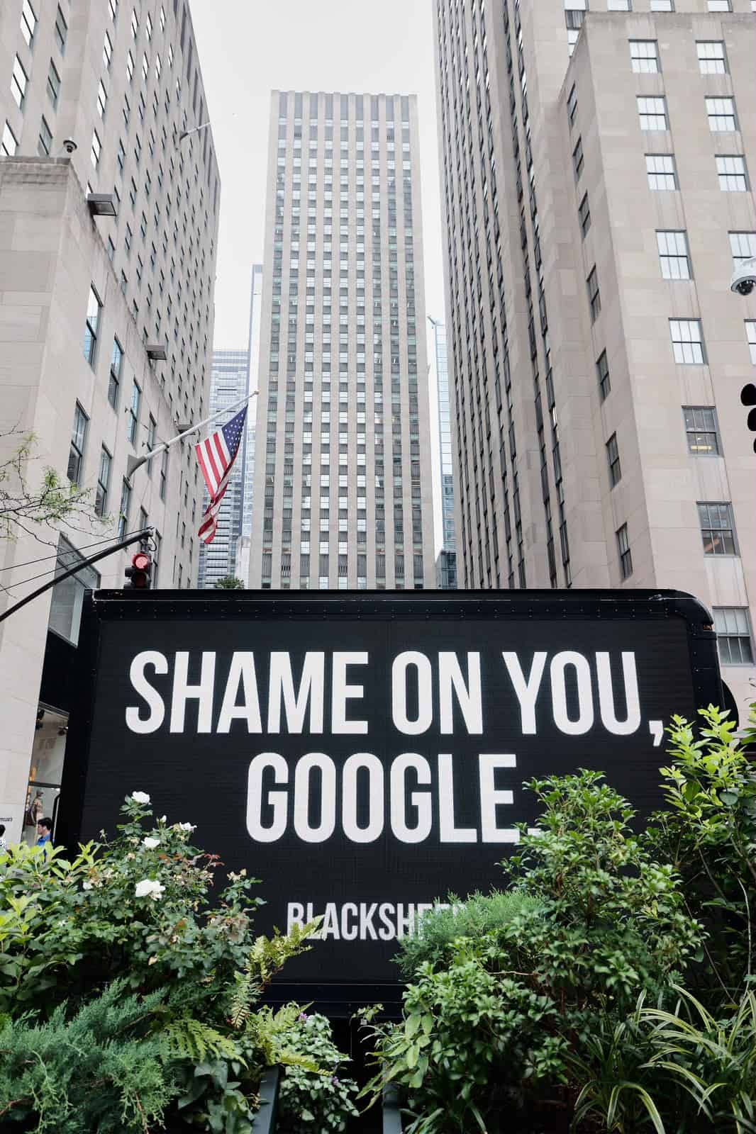 Blacksheep 25 LED billboard truck fleet surrounding Google NYC headquarters in Chelsea