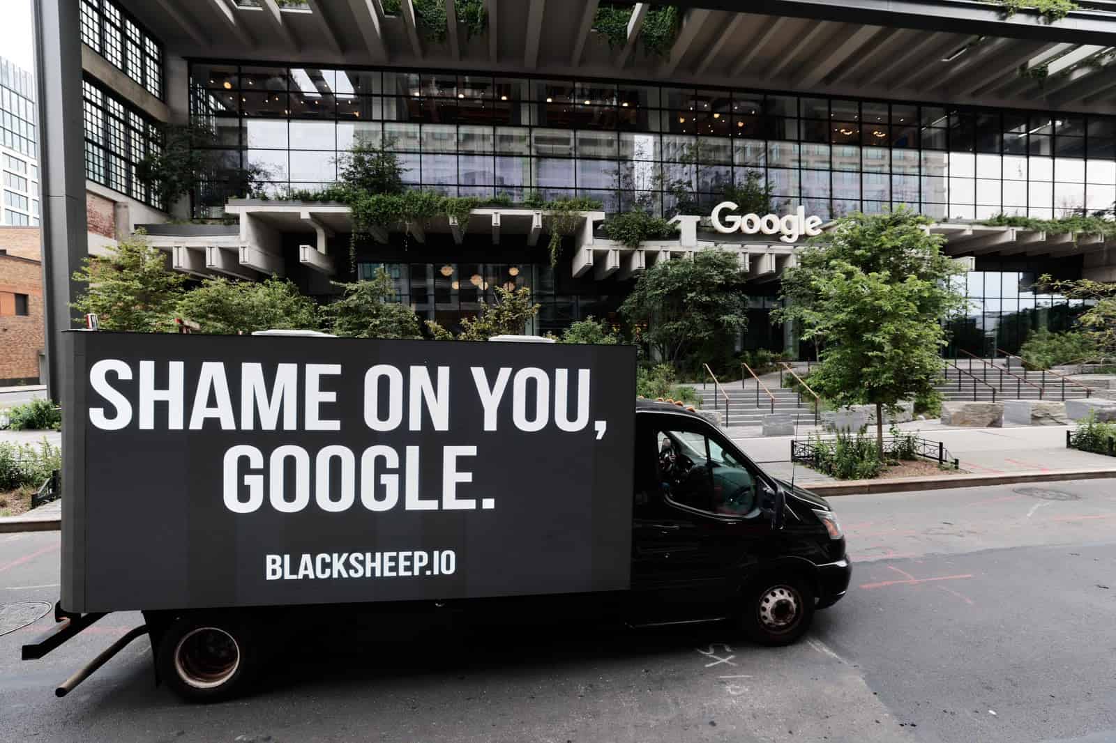 A fleet of white LED billboard trucks reading “SHAME ON YOU GOOGLE — blacksheep.io” encircling Google’s Chelsea headquarters in New York City.