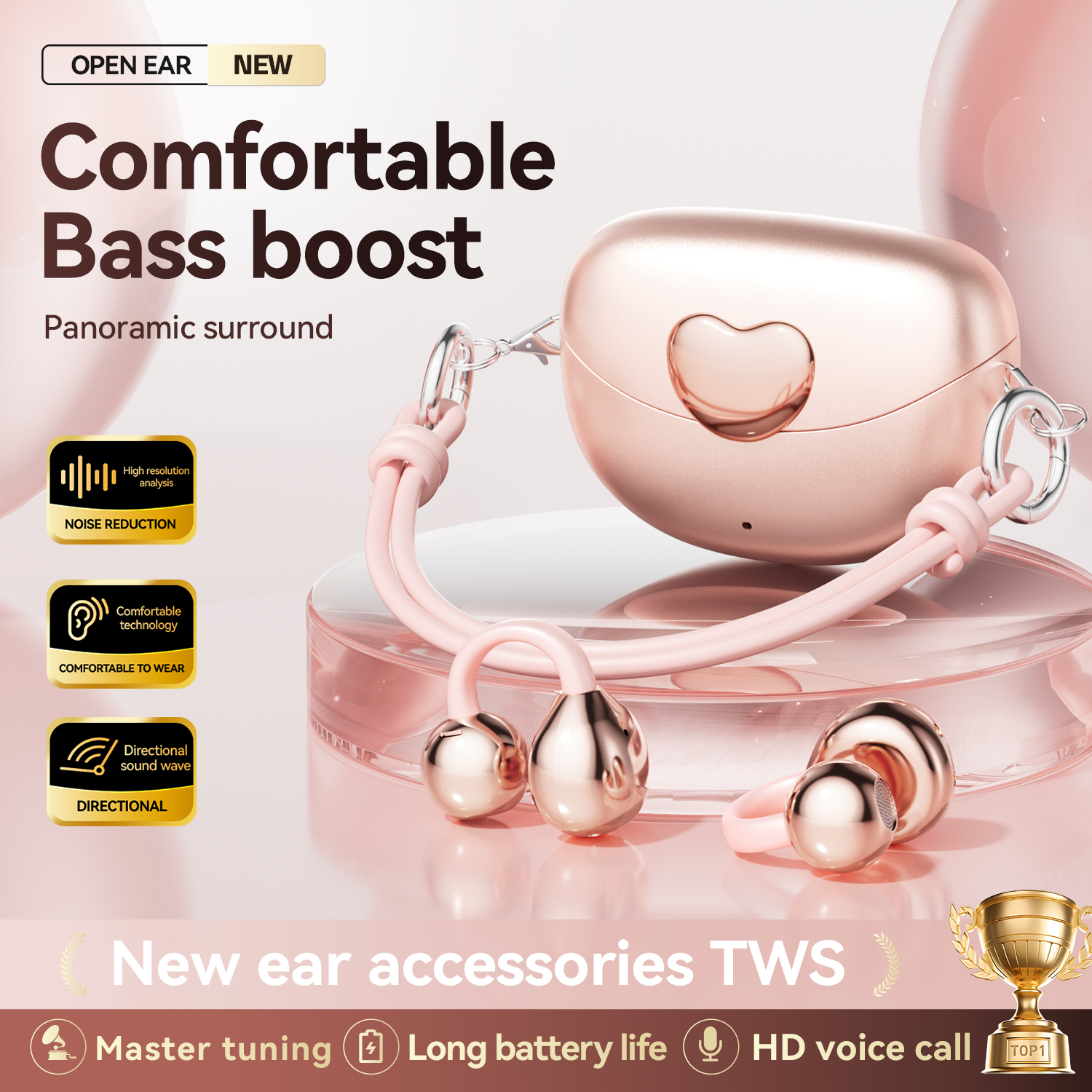 Open-Ear Wireless TWS Earbuds with Heart-Shaped Charging Case Model#M106