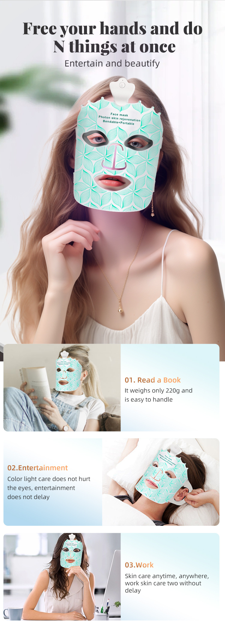 Mascarilla facial de rejuvenecimiento con fotones LED de 7 colores - Flexible y portátil