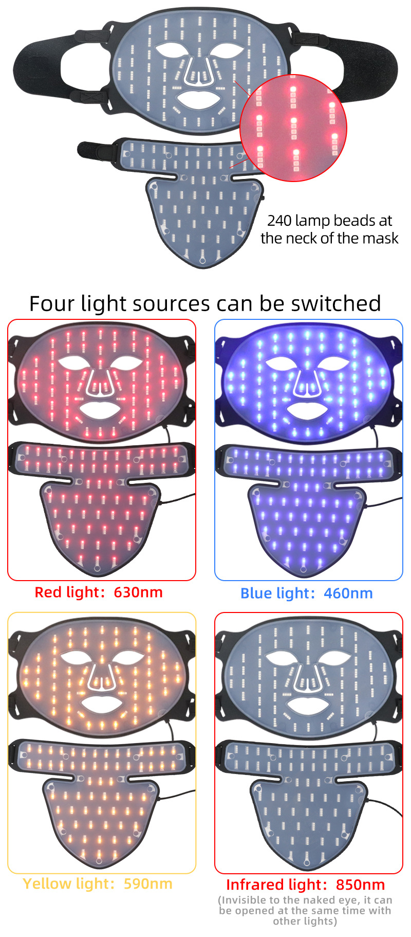 Mascarilla portátil LED de fotones para el rejuvenecimiento facial y del cuello.