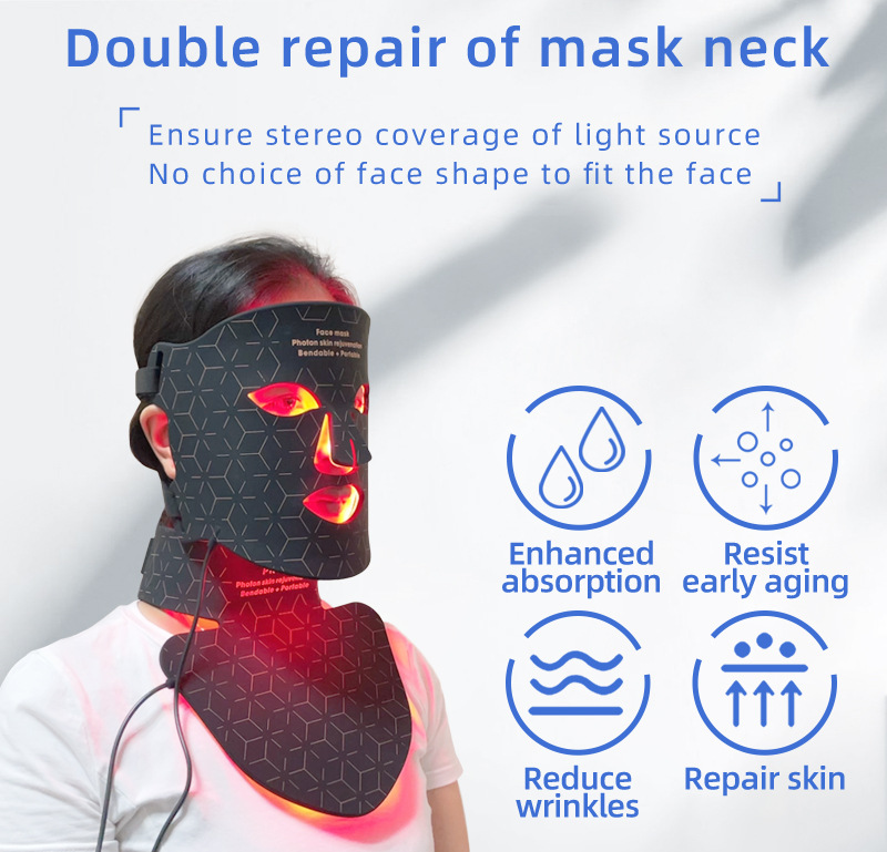 Mascarilla portátil LED de fotones para el rejuvenecimiento facial y del cuello.