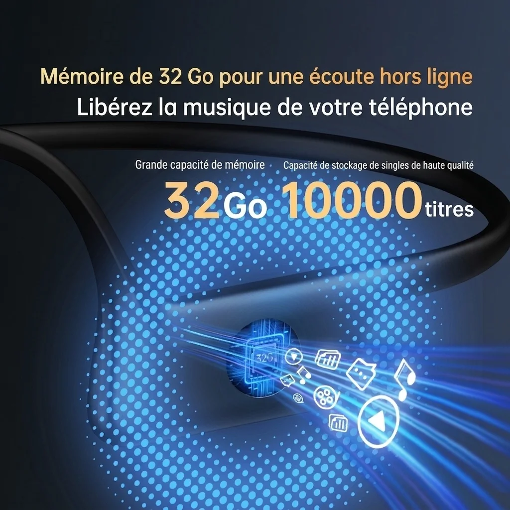 Écouteurs de natation à conduction osseuse étanches IPX8, 32 Go