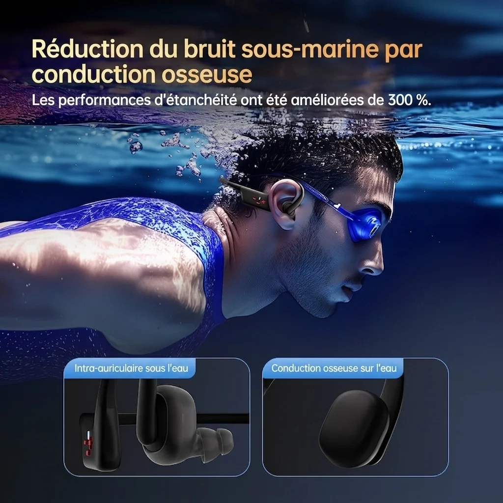 Écouteurs de natation à conduction osseuse étanches IPX8, 32 Go