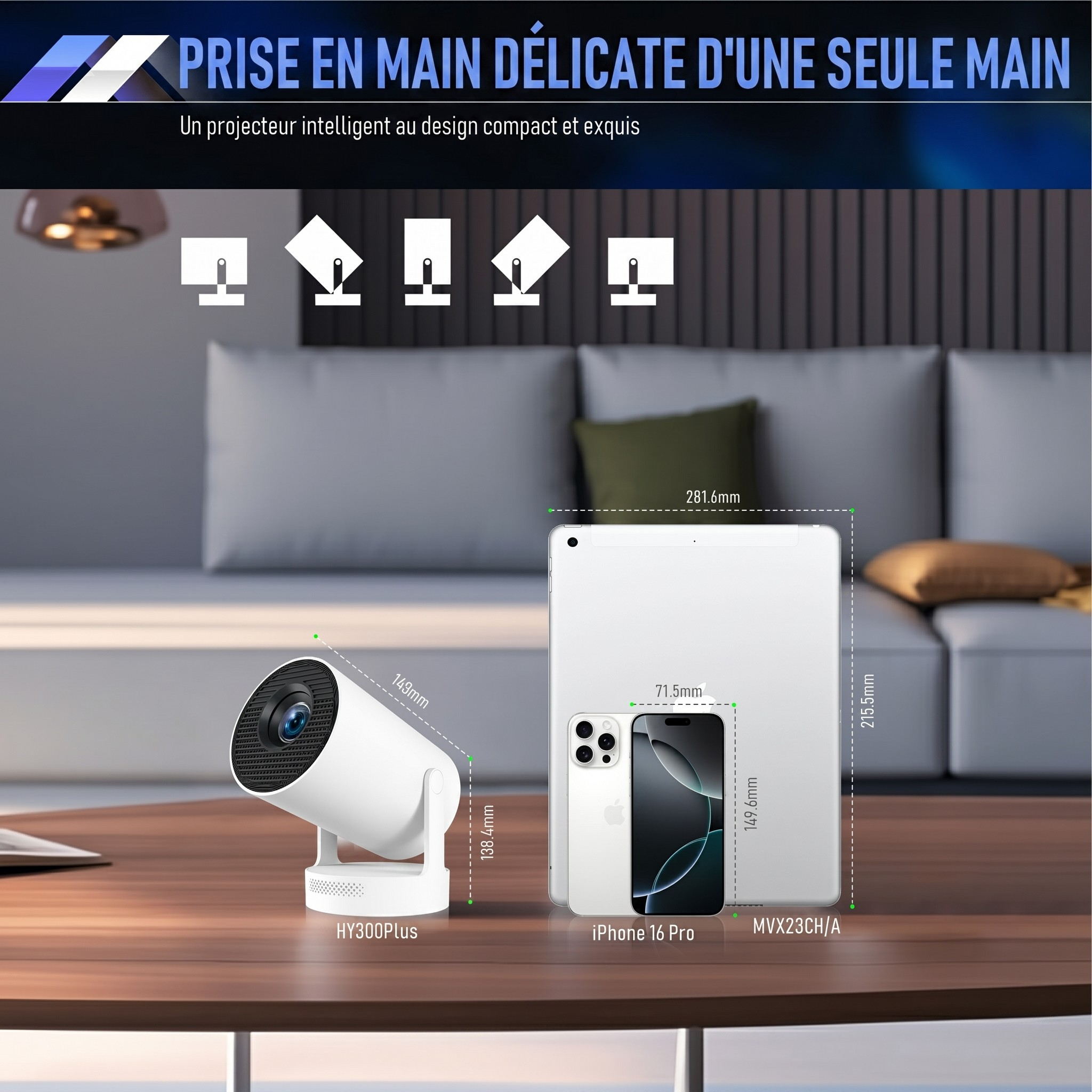 Projecteur portable intelligent 4K haut de gamme 720p Wi-Fi 6 pour home cinéma avec correction automatique de l'échelle - Modèle n° HY300Plus