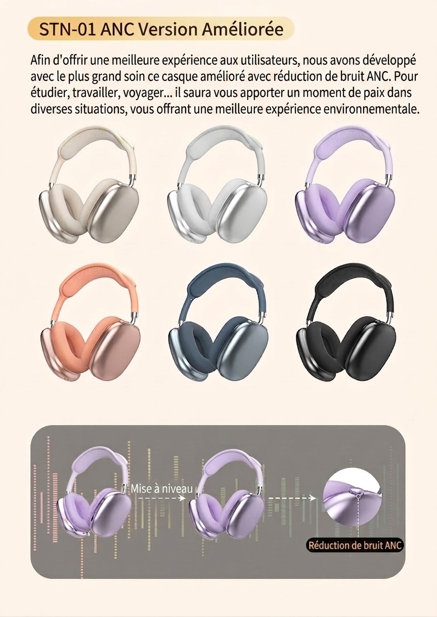 Casque sans fil Bluetooth STN-01 avec réduction de bruit active et audio haute fidélité