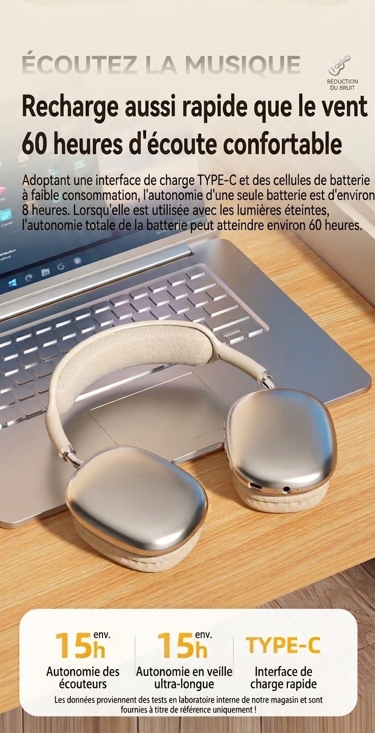 Casque sans fil Bluetooth STN-01 avec réduction de bruit active et audio haute fidélité