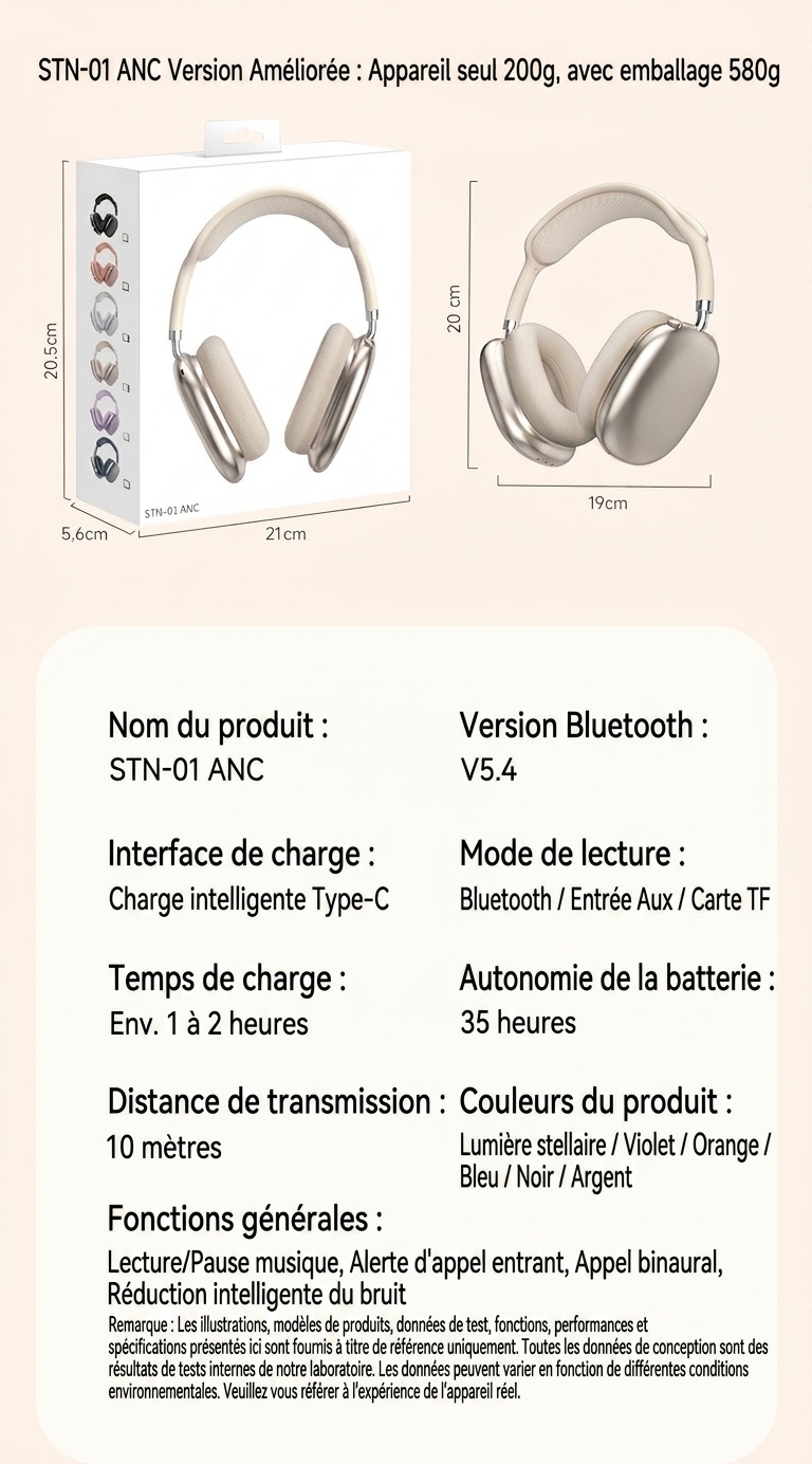 Casque sans fil Bluetooth STN-01 avec réduction de bruit active et audio haute fidélité