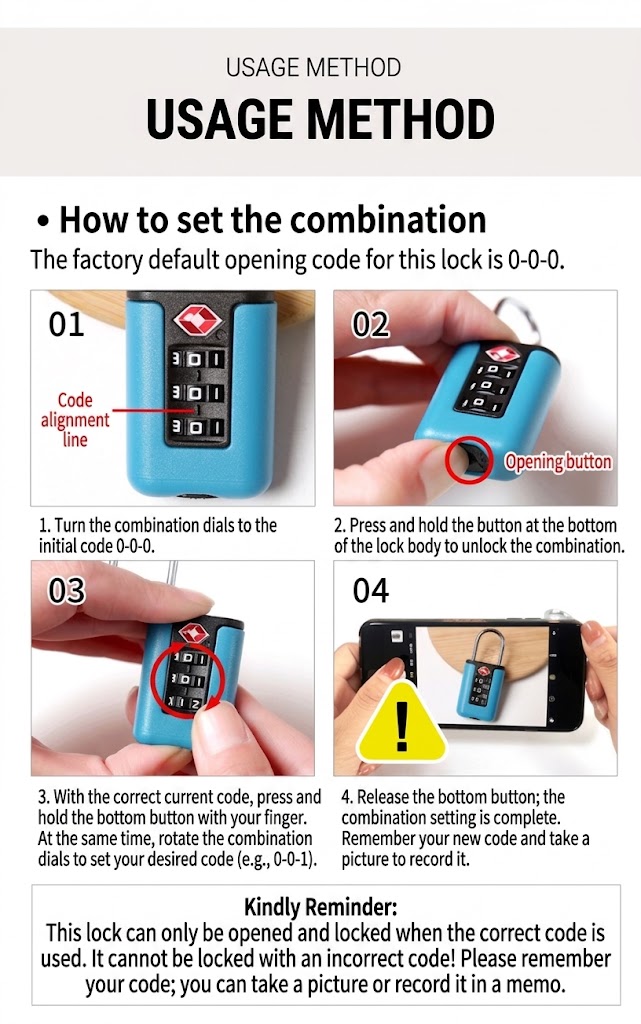 TSA Approved 3-Digit Combination Padlock, Heavy Duty Zinc Alloy Travel Lock, Resettable Code Security for Suitcase, Gym Locker, Travel Bag
