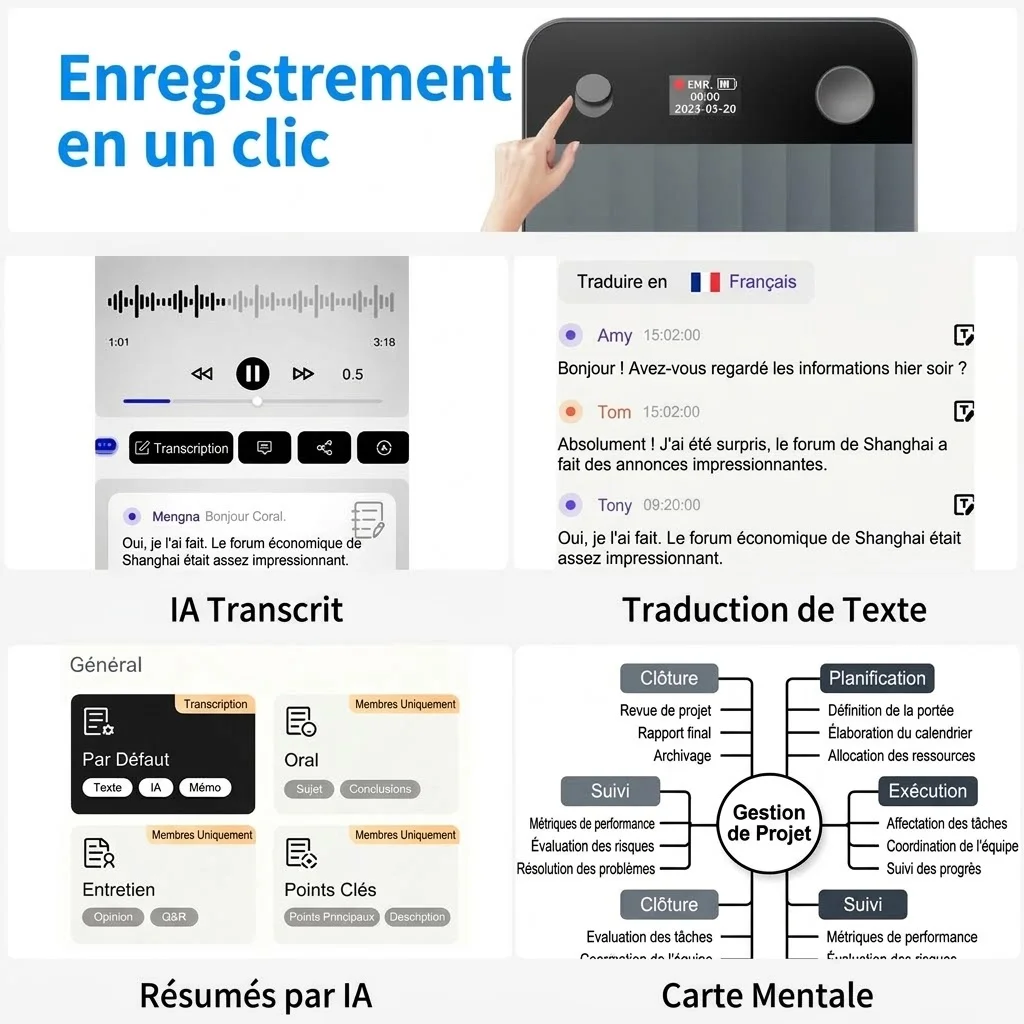 Enregistreur vocal IA, 4 microphones MEMS haute performance, réduction du bruit par IA, transcription et traduction en temps réel, 30 heures d'enregistrement, 240 jours d'autonomie en veille, noir