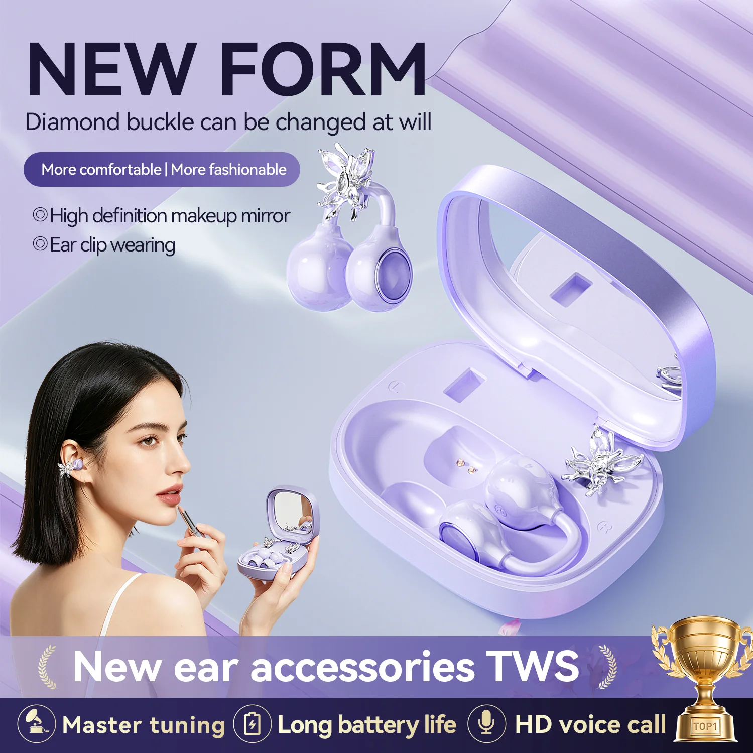 Butterfly Ear Clip TWS Wireless Earbuds with Mirror Case Model#M183