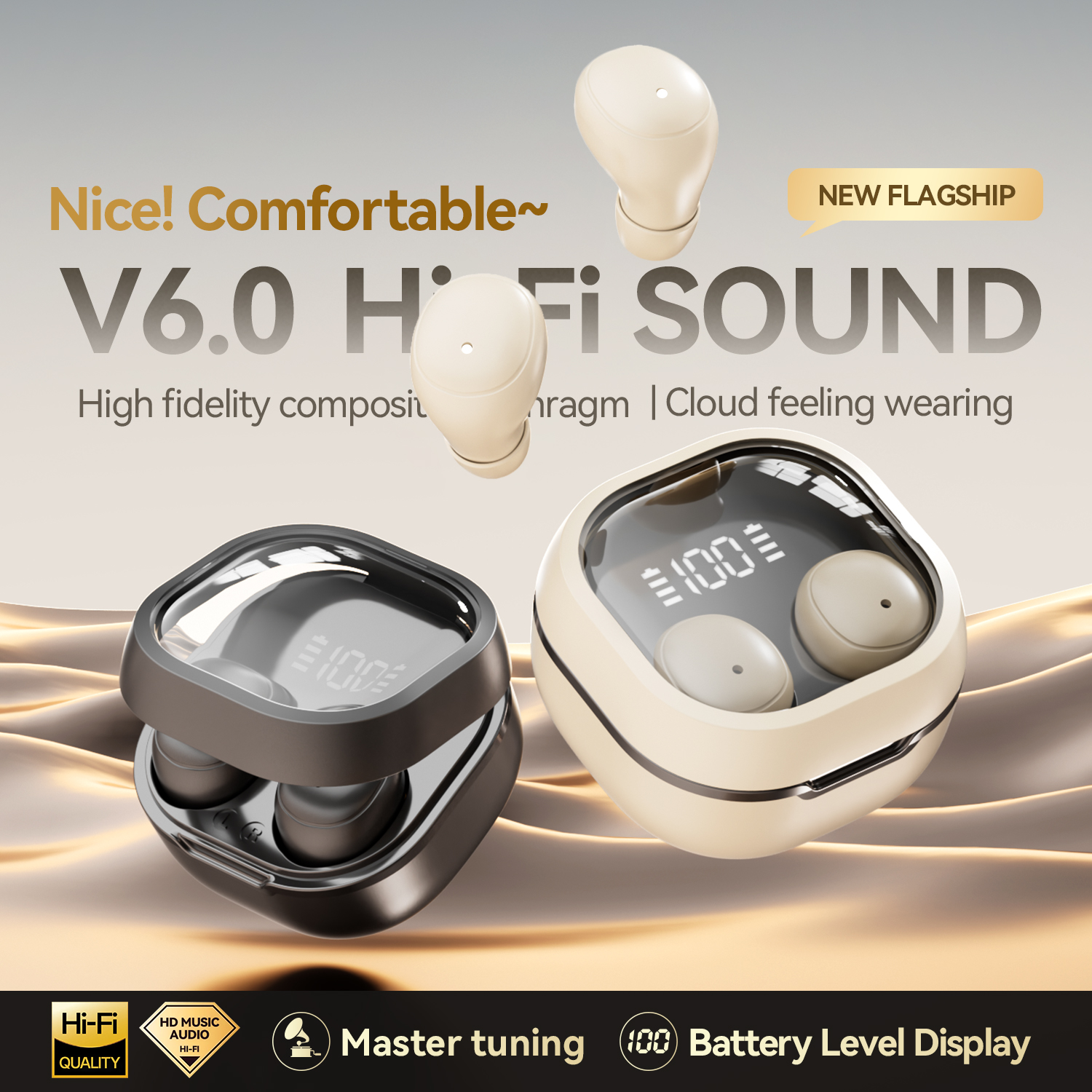 V6.0 Hi-Fi Wireless Earbuds with LED Battery Display Model#M125