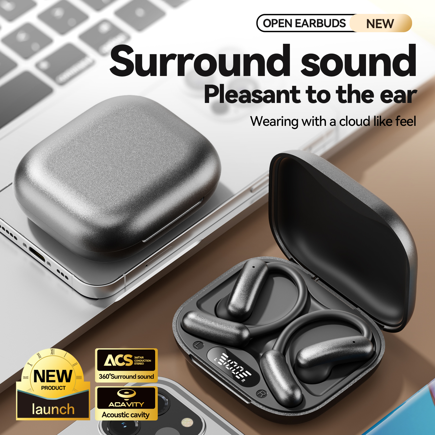 Open Ear Wireless Earbuds with LED Battery Display Model#M139