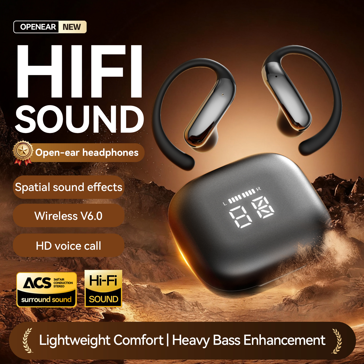 Open-Ear Wireless HiFi Earbuds with LED Charging Case Model#M142