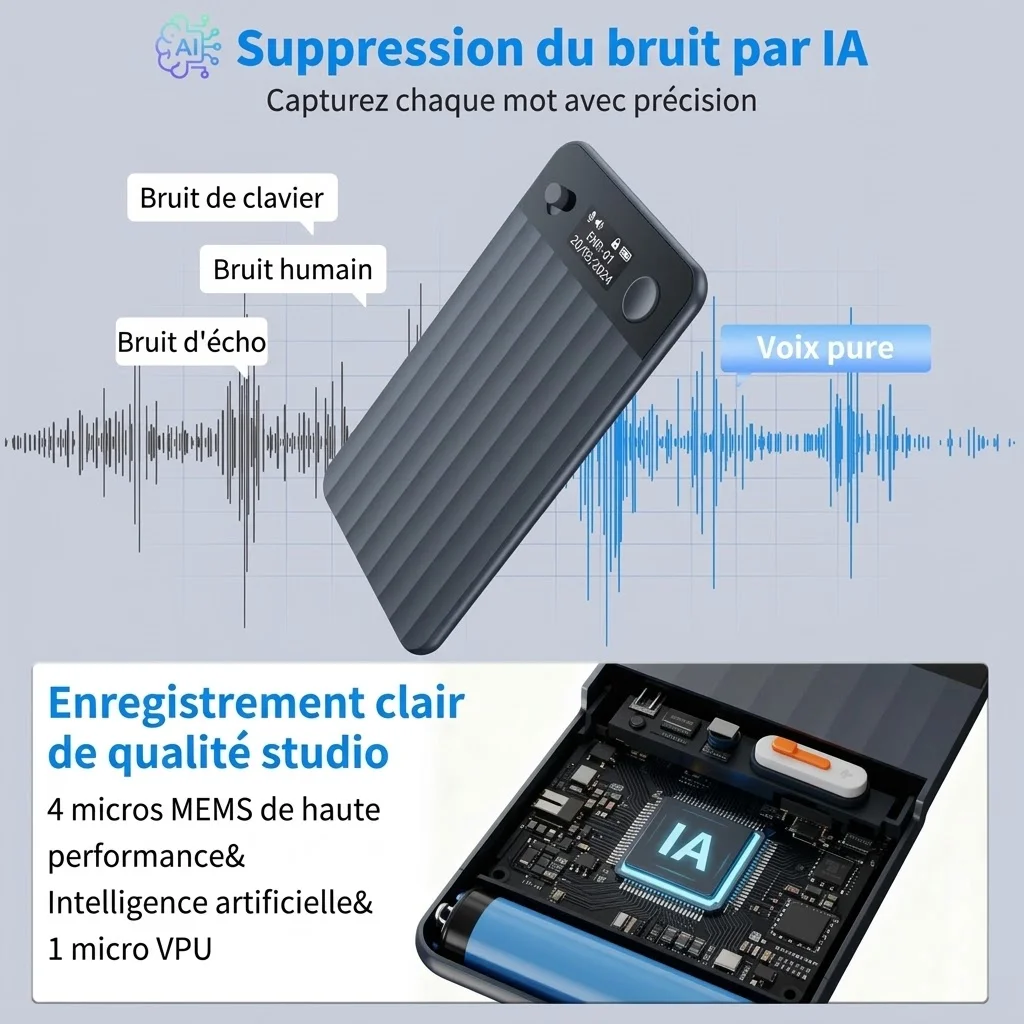 Enregistreur vocal IA, 4 microphones MEMS haute performance, réduction du bruit par IA, transcription et traduction en temps réel, 30 heures d'enregistrement, 240 jours d'autonomie en veille, noir