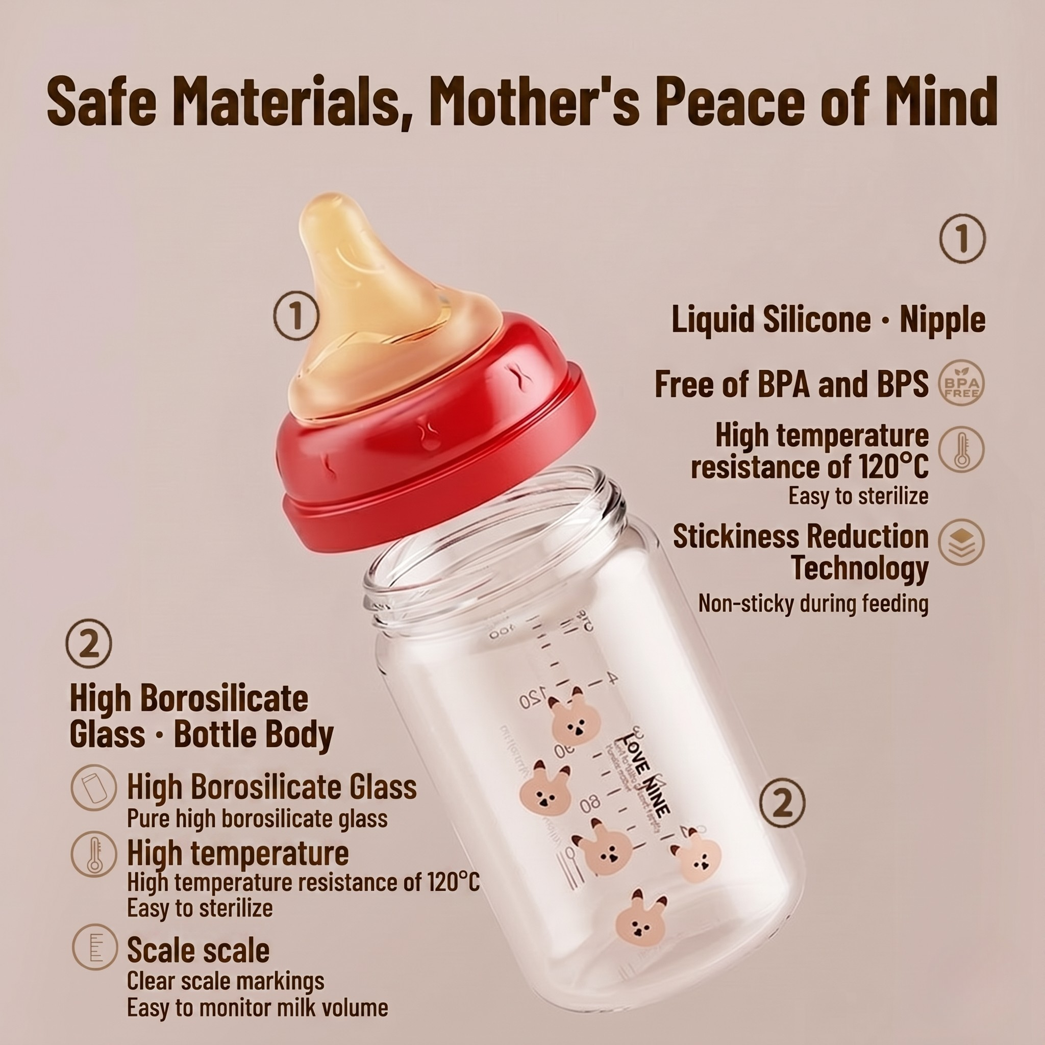 Love Nine Baby Glass Feeding Bottle with Mickey Ears Cap