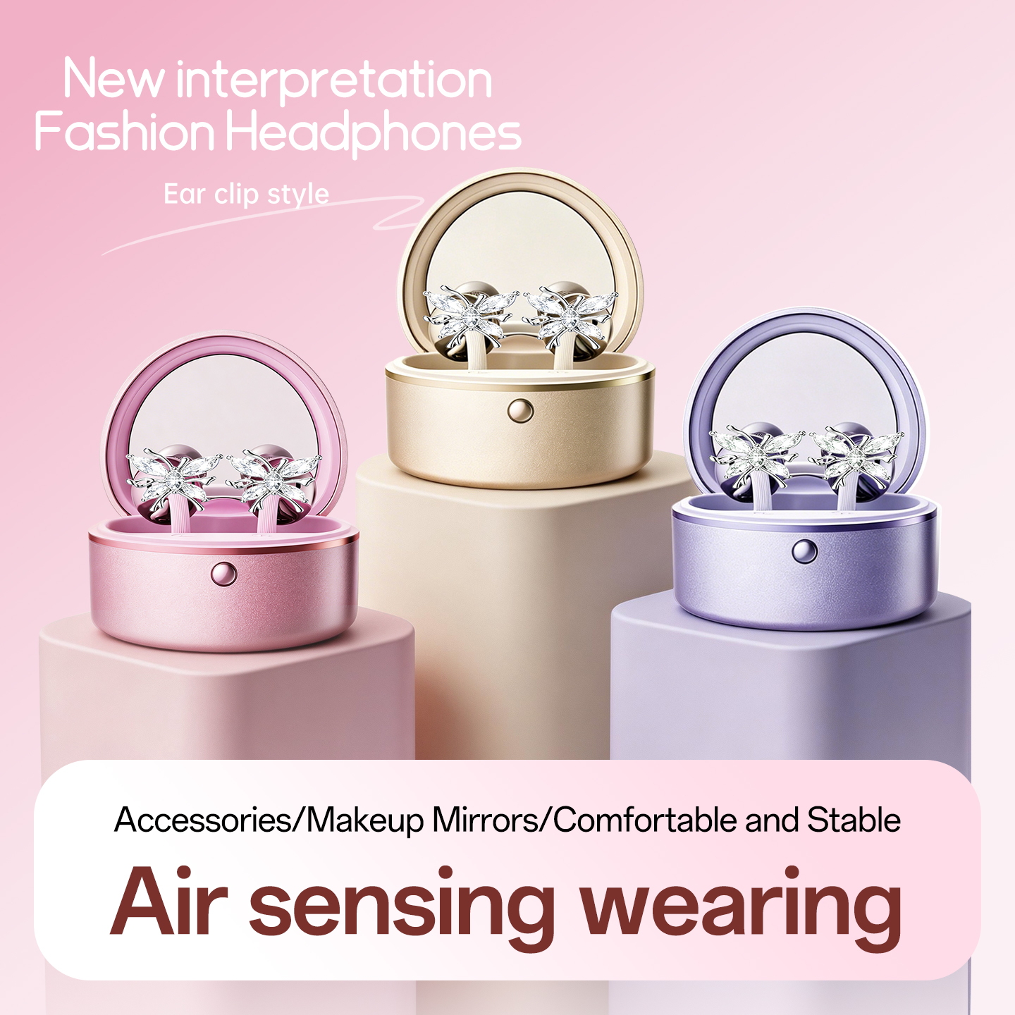 Butterfly Clip-On Wireless Earbuds with Makeup Mirror Case Model#M186