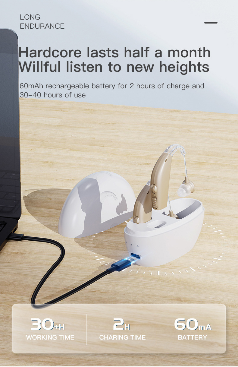 120dB GM-311 Pair Beige Rechargeable Hearing Aids 45H Battery Noise Cancelling #26240006