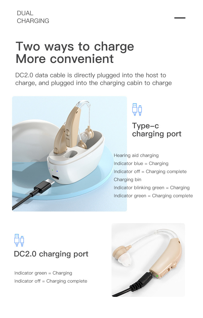 120dB GM-311 Pair Blue Rechargeable Hearing Aids 45H Battery Noise Cancelling #26240004 
