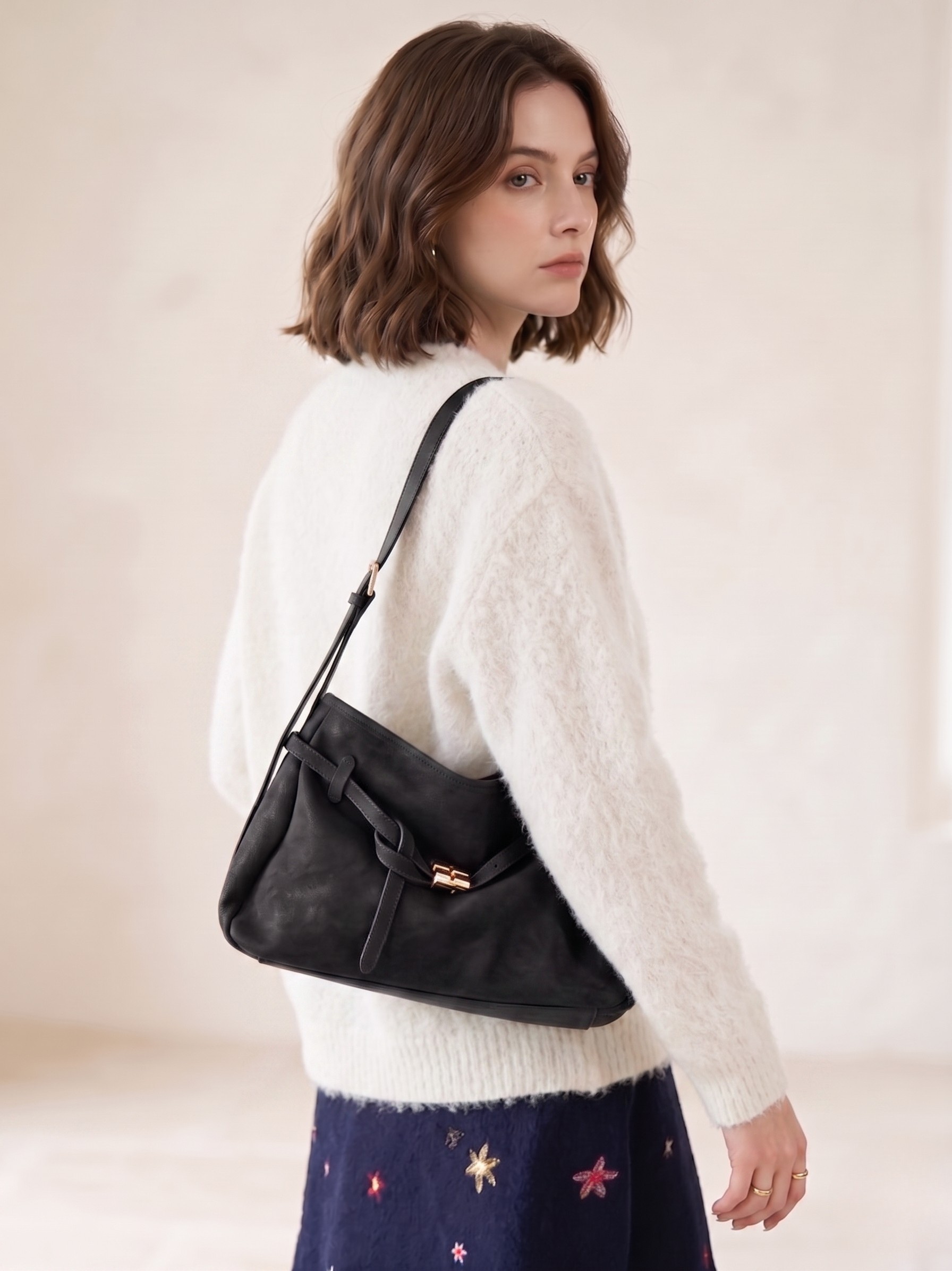 Chic Suede Shoulder Bag with Buckle Detail