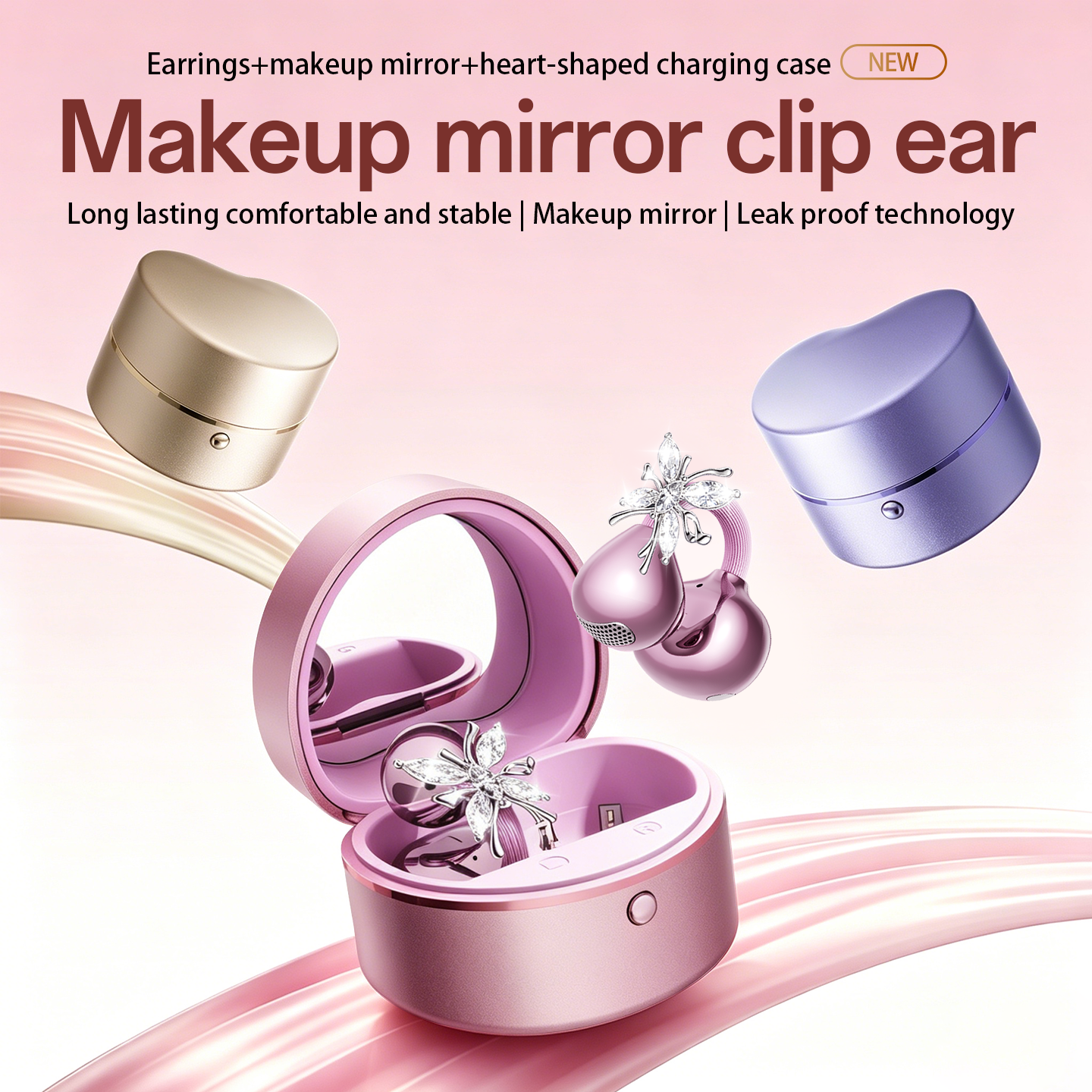 Butterfly Clip-On Wireless Earbuds with Makeup Mirror Case Model#M186