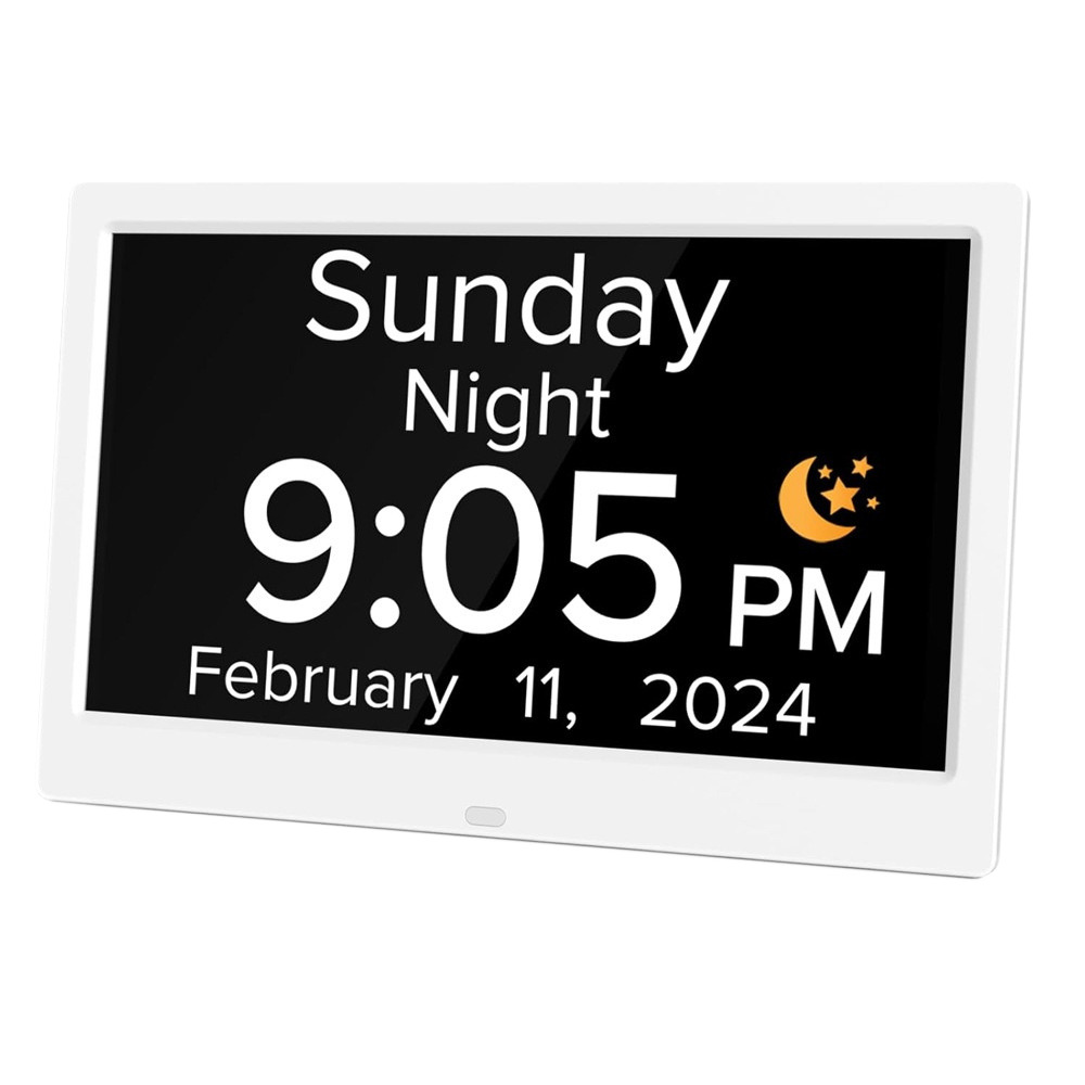 7-Inch Digital Calendar Day Clock for Seniors & Dementia - Extra Large LCD Display, 8 Pill Reminders, Auto-Dimming, 11 Languages, White