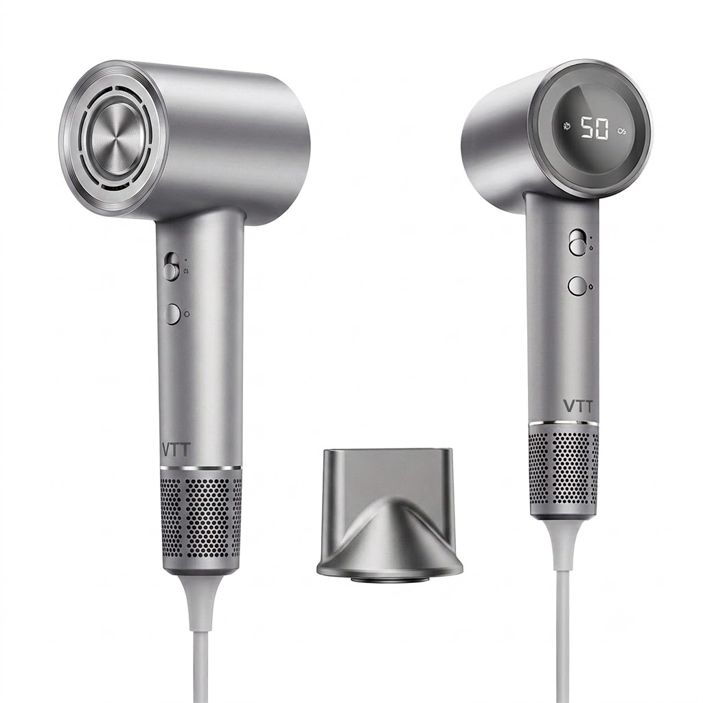 Sèche-cheveux haute vitesse D4, moteur sans balais 110&nbsp;000 tr/min, sèche-cheveux professionnel 1&nbsp;600 W avec 200 millions d'ions négatifs, écran LED et embout magnétique (gris)