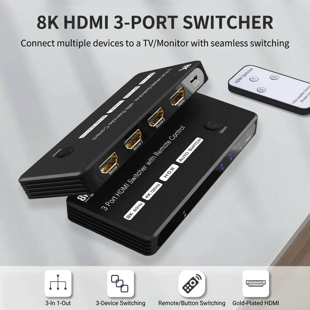 Commutateur HDMI 2.1 8K à 3 ports avec télécommande - HDR 4K à 120 Hz