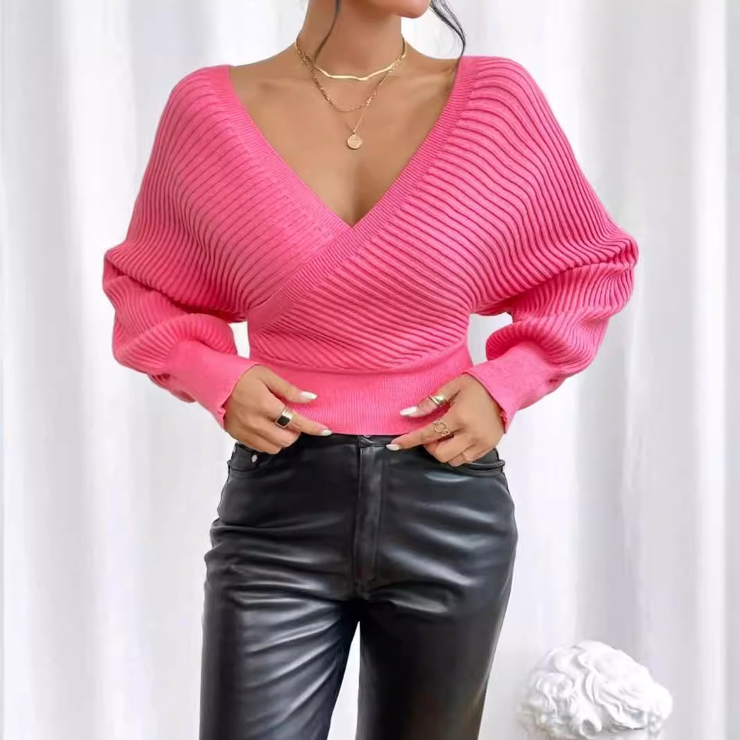 Knitted Batwing Sleeve V-Neck Sweater SSU-00034