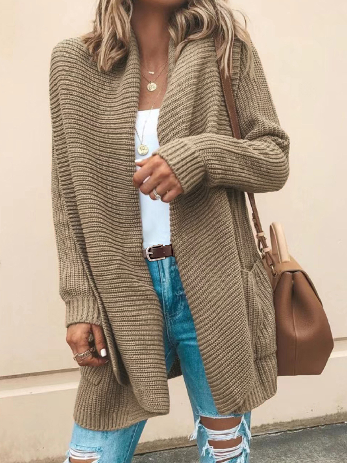 Open Front Knit Cardigan Duster - Long Sleeve Outerwear