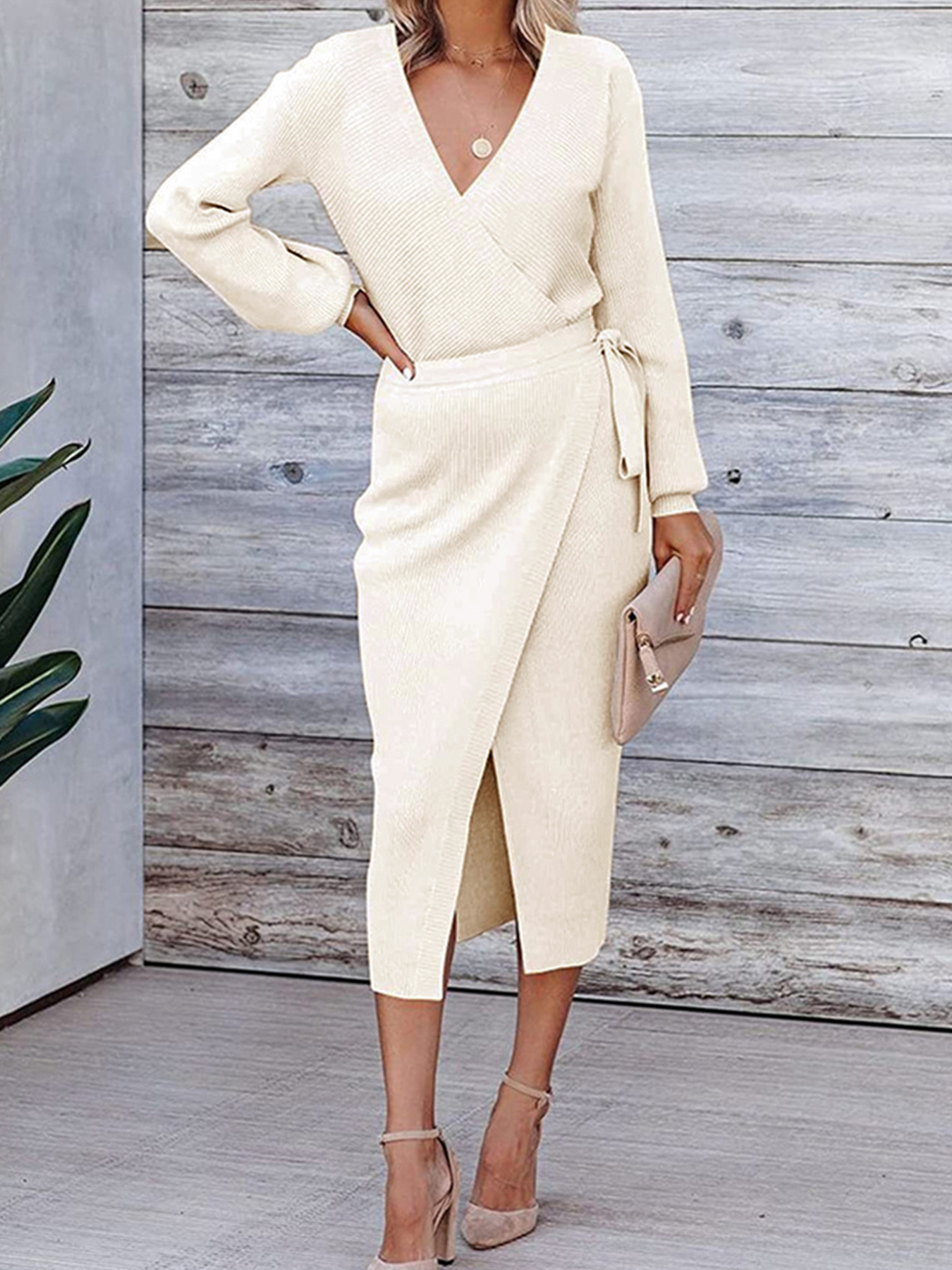 Knit Long Sleeve V-Neck Sweater Dress Fall Winter