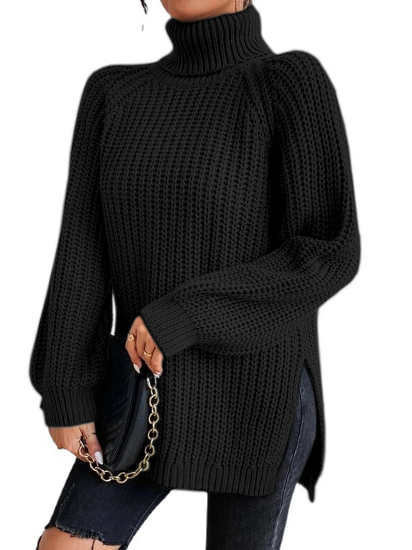 Chunky Knit Turtleneck Sweater Long Sleeve Slit Hem Autumn Winter SSU-00016