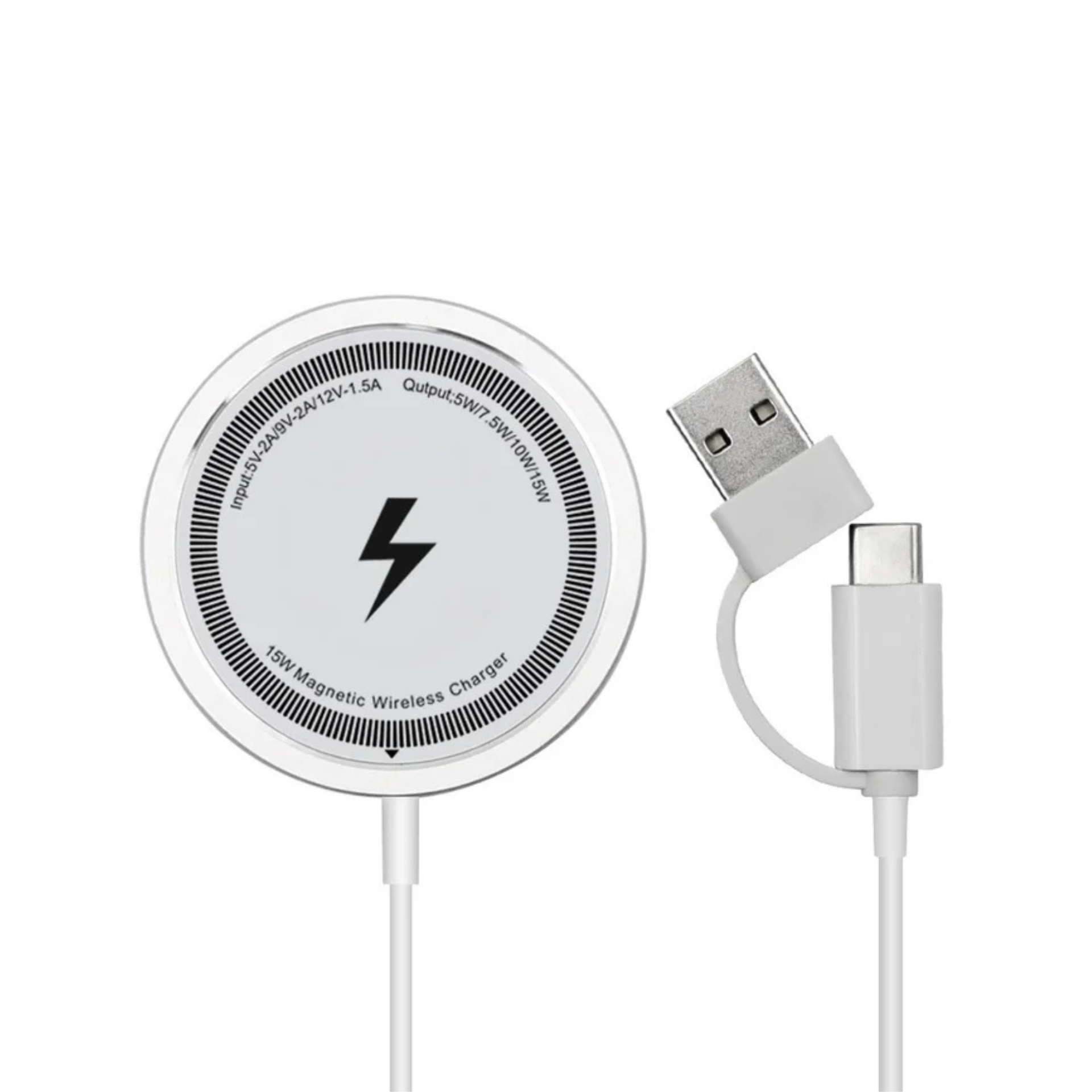 15W Magnetic Wireless Charger with Dual USB-A/C Connector, Ultra-Thin 5.5mm Fast Charging Pad, White/Black