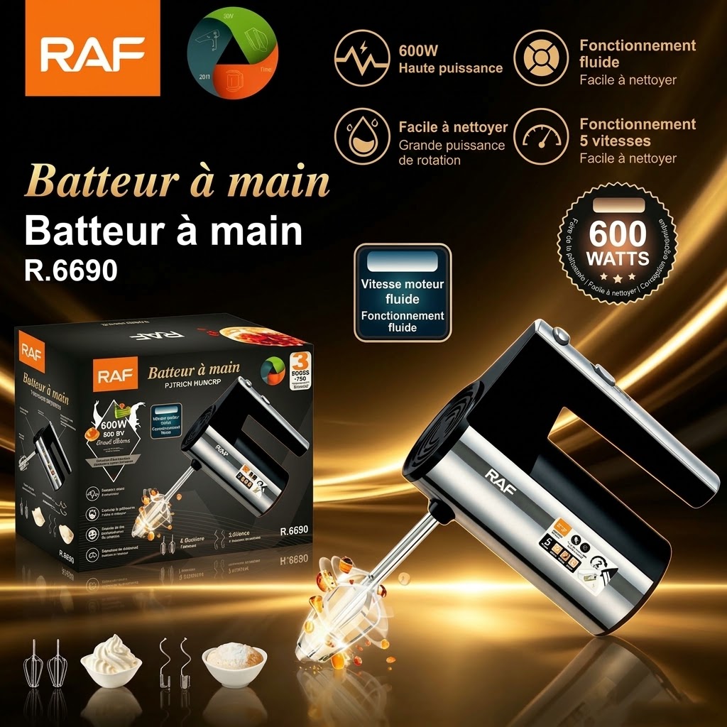 Batteur électrique à main RAF 600W à 5 vitesses pour la pâtisserie et la cuisine