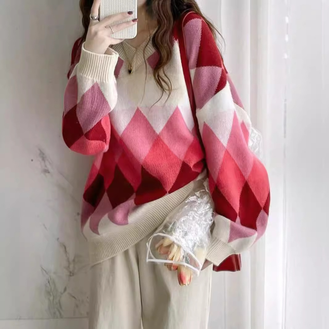Knit Long Sleeve V-Neck Sweater Color Block Pullover Autumn Winter SSU-00032