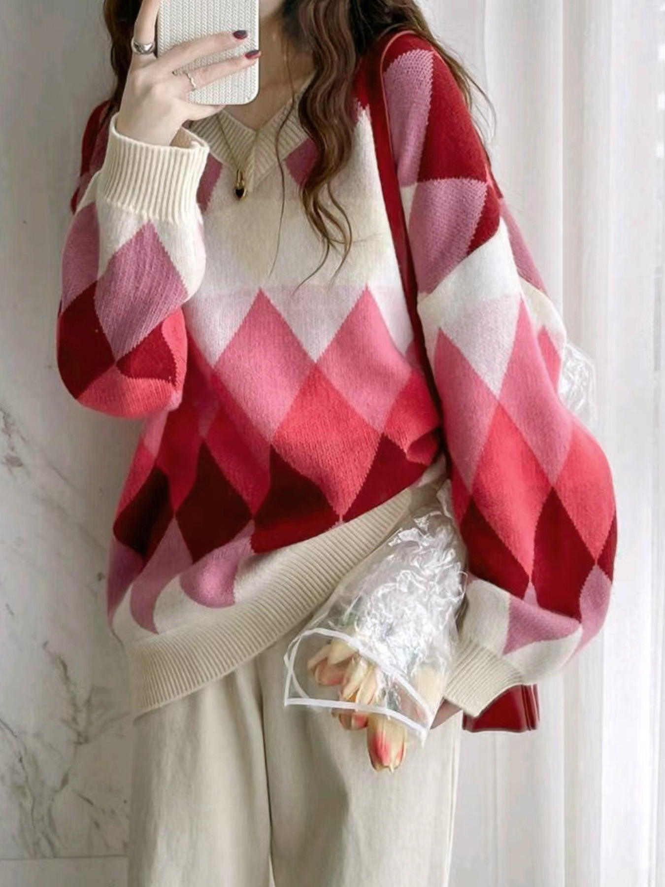 Knit Long Sleeve V-Neck Sweater Color Block Pullover Autumn Winter SSU-00032