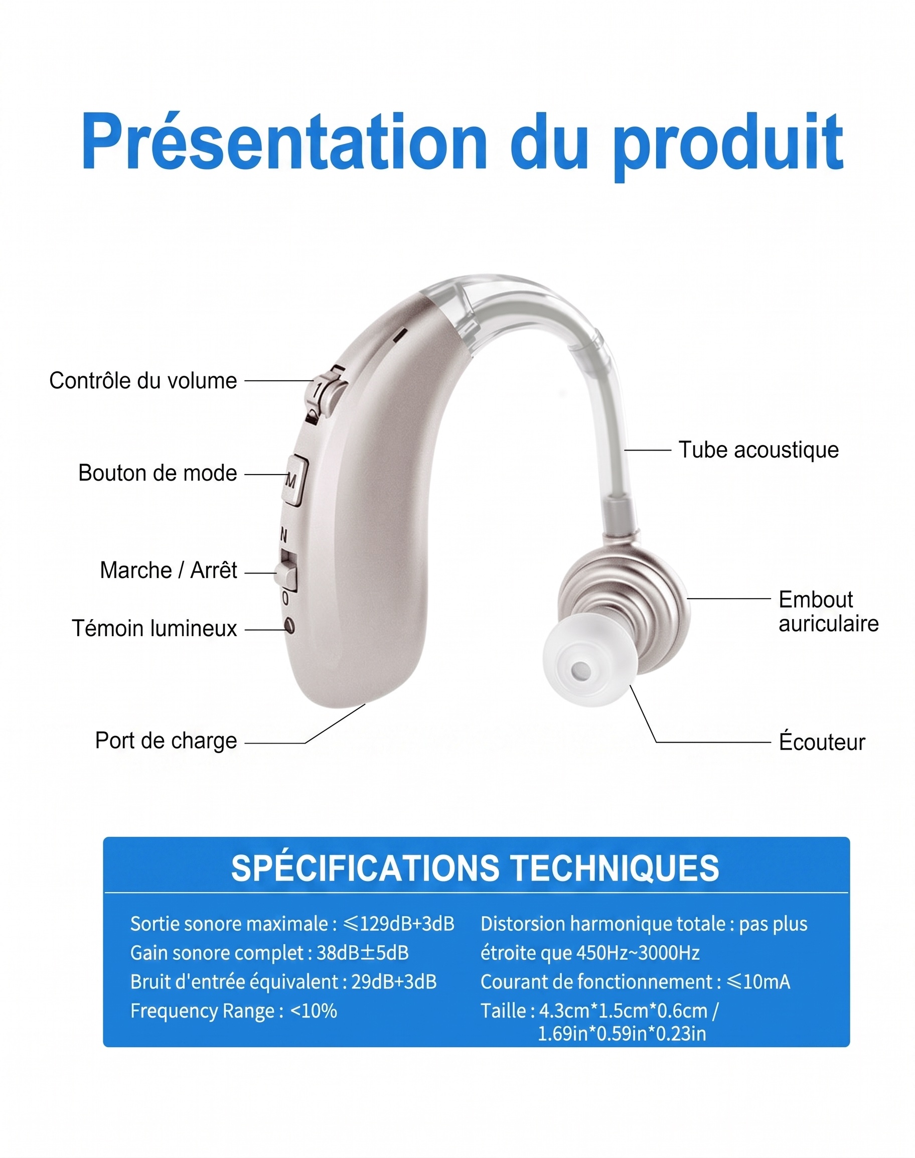 A-360B Beige Bluetooth Hearing Aid with 50H Battery & 3 Noise Modes - 6 Volume Levels #26240009