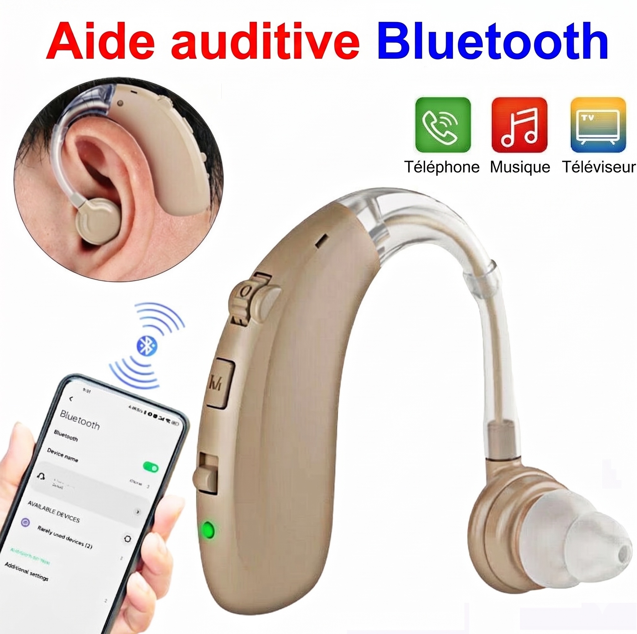 A-360B Beige Bluetooth Hearing Aid with 50H Battery & 3 Noise Modes - 6 Volume Levels #26240009