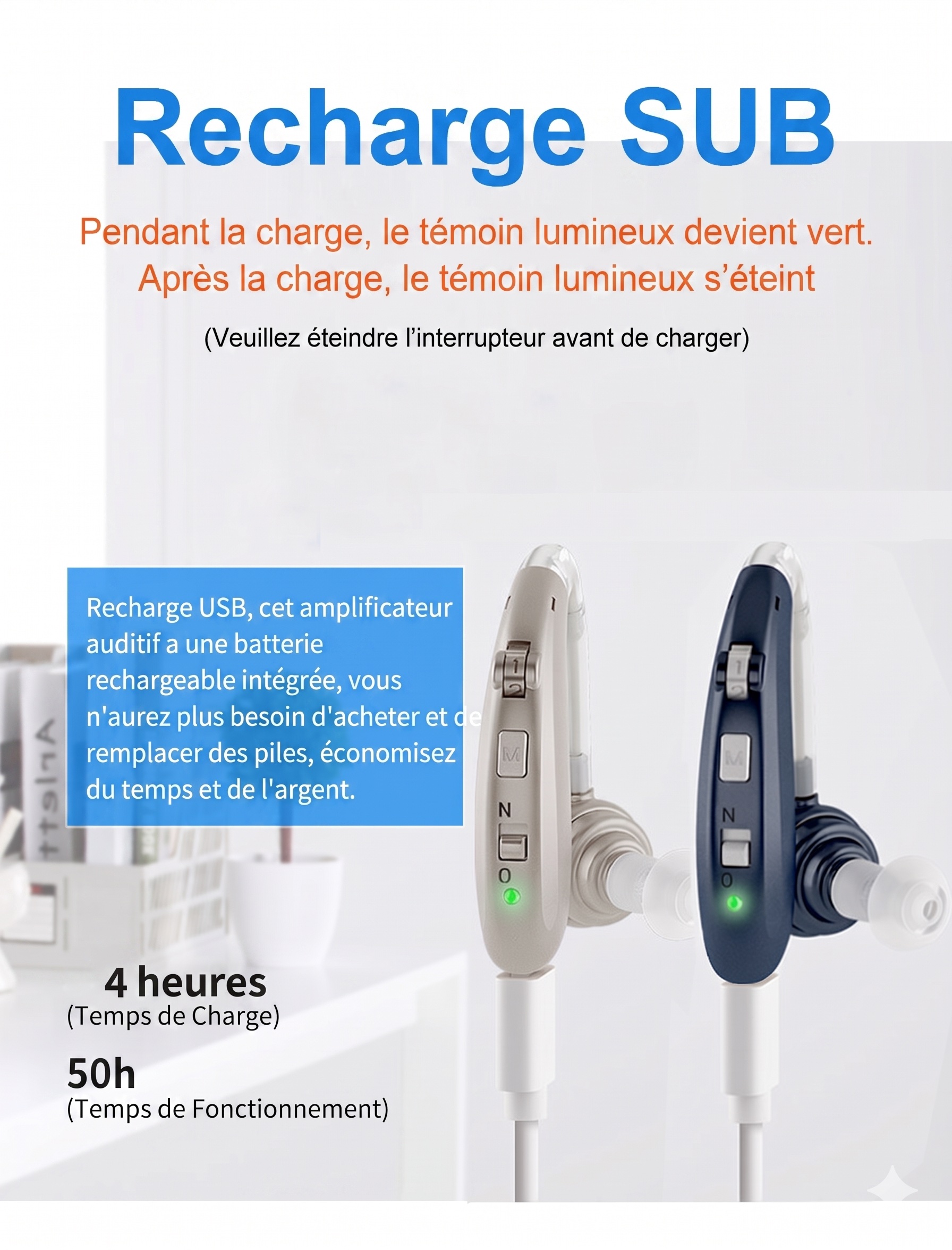 A-360B Silver Bluetooth Hearing Aid with 50H Battery & 3 Noise Modes - 6 Volume Levels #26240010
