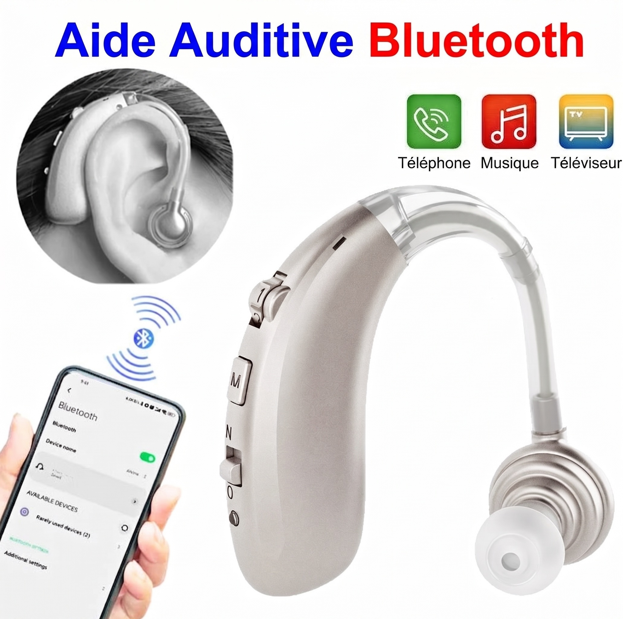 A-360B Silver Bluetooth Hearing Aid with 50H Battery & 3 Noise Modes - 6 Volume Levels #26240010