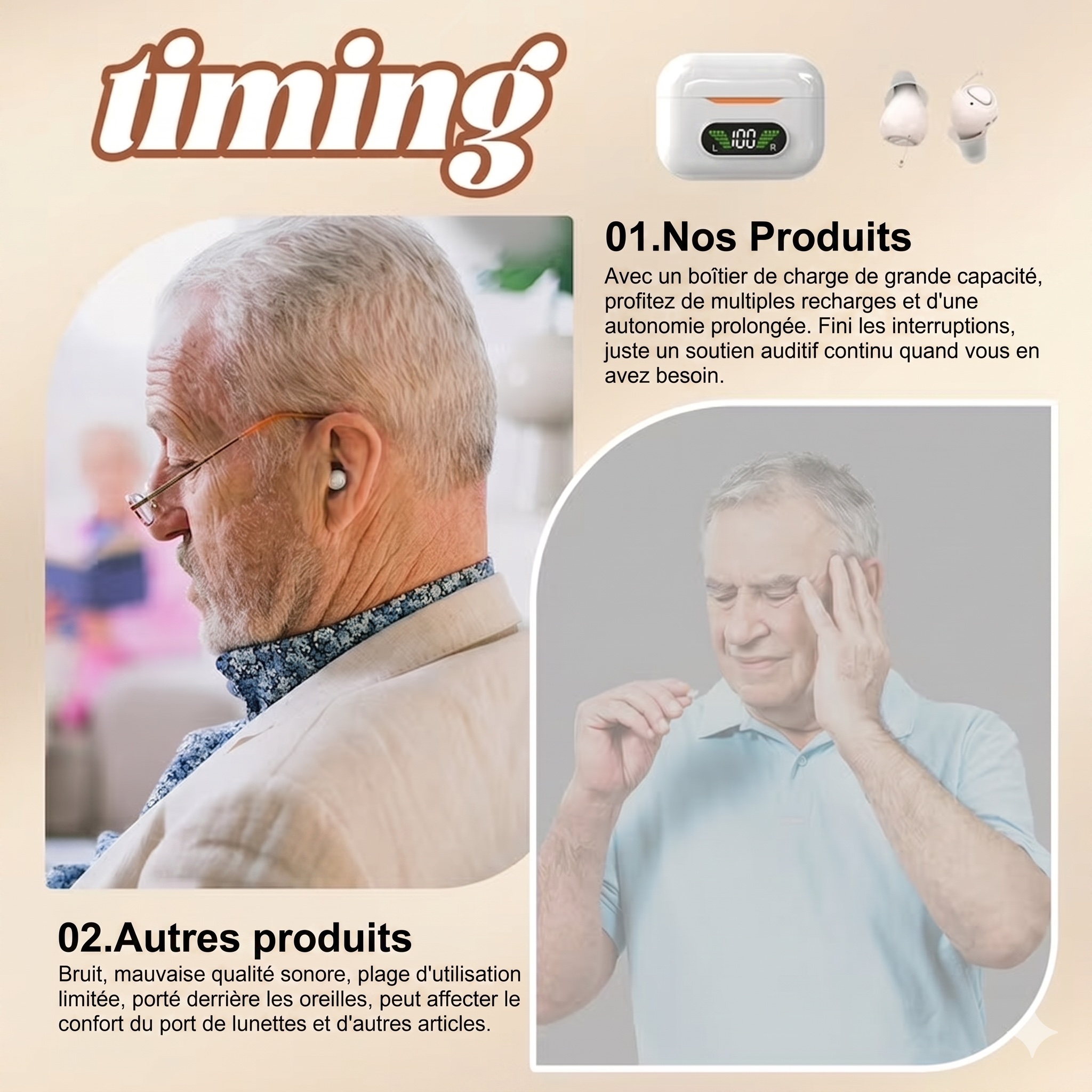 GM-990 Pair Beige AI Noise Reduction Hearing Aid UV Sterilization 120H #26240015