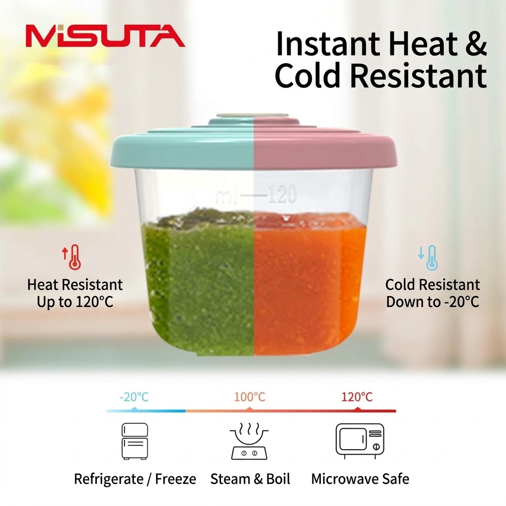 MISUTA Contenitori per alimenti per neonati con coperchi con indicatore di tempo, confezione da 6, impilabili, adatti al congelatore e al microonde.