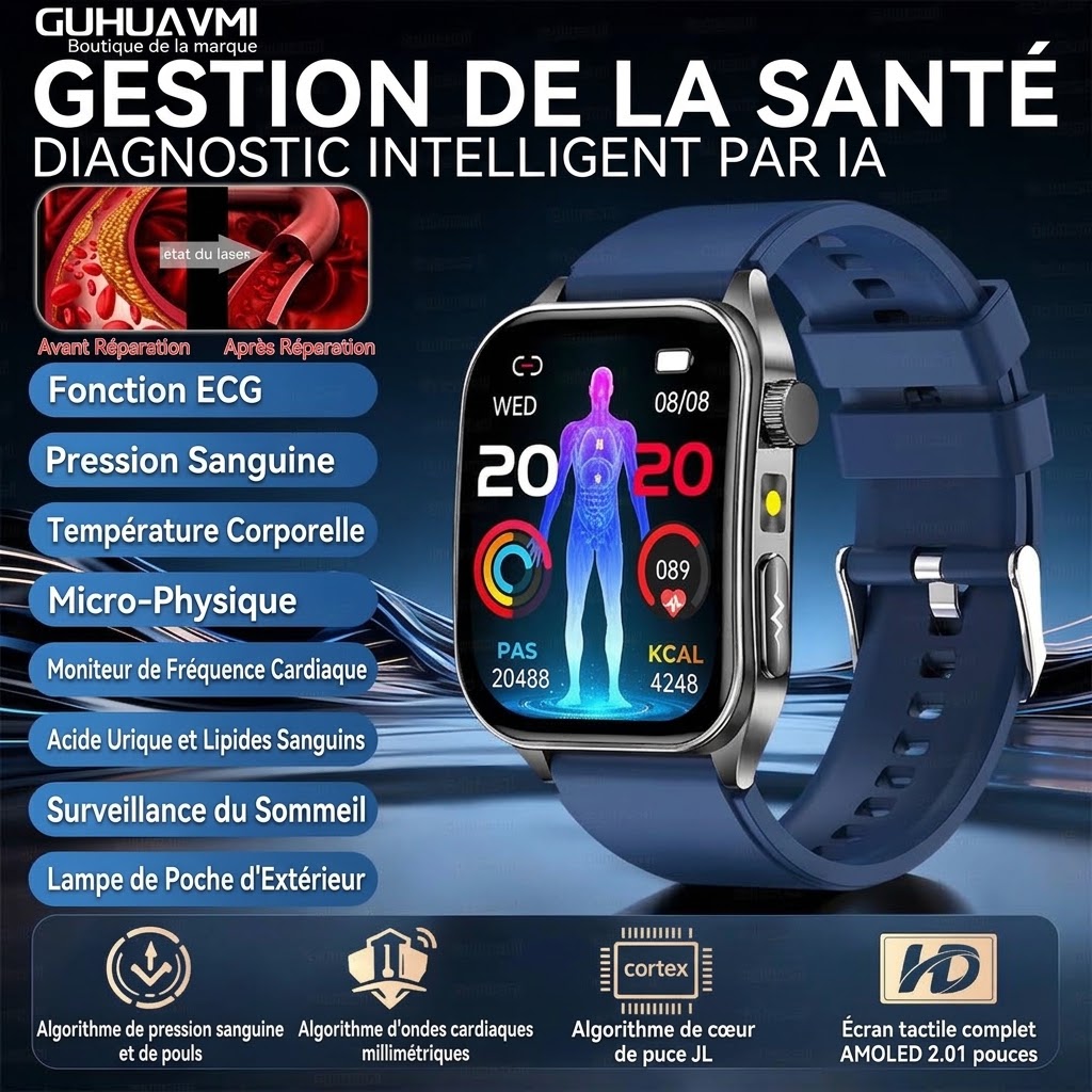 Montre connectée de santé avec écran AMOLED carré, ECG et thérapie laser
