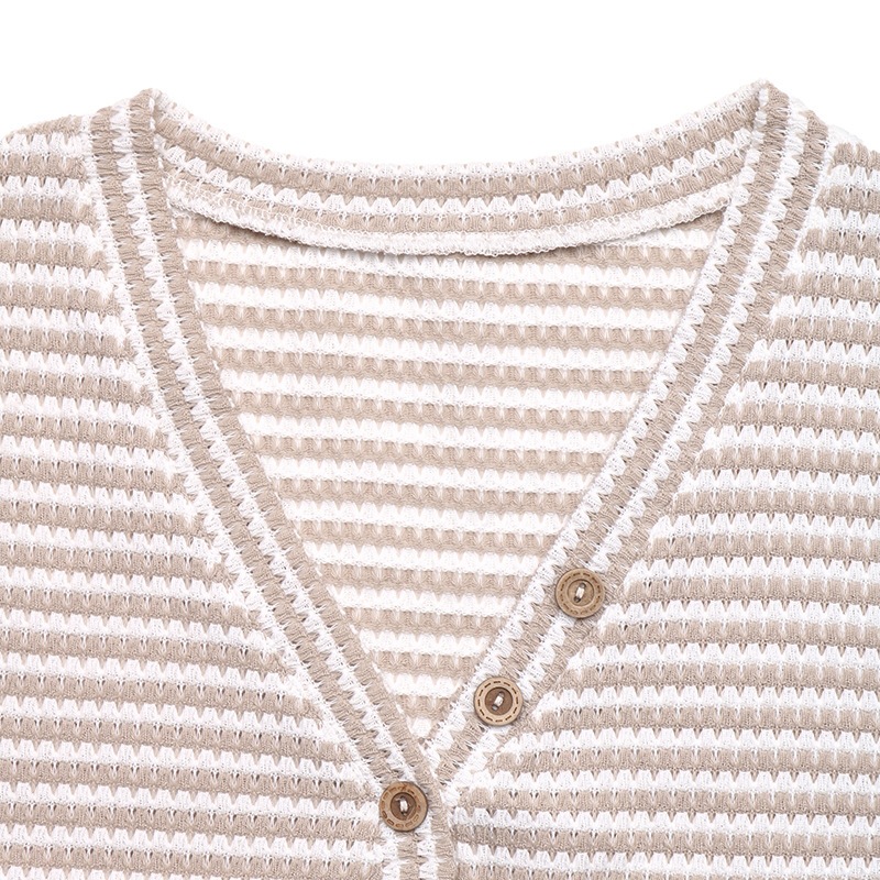 Women's Striped V-Neck Knit Top with Button Front