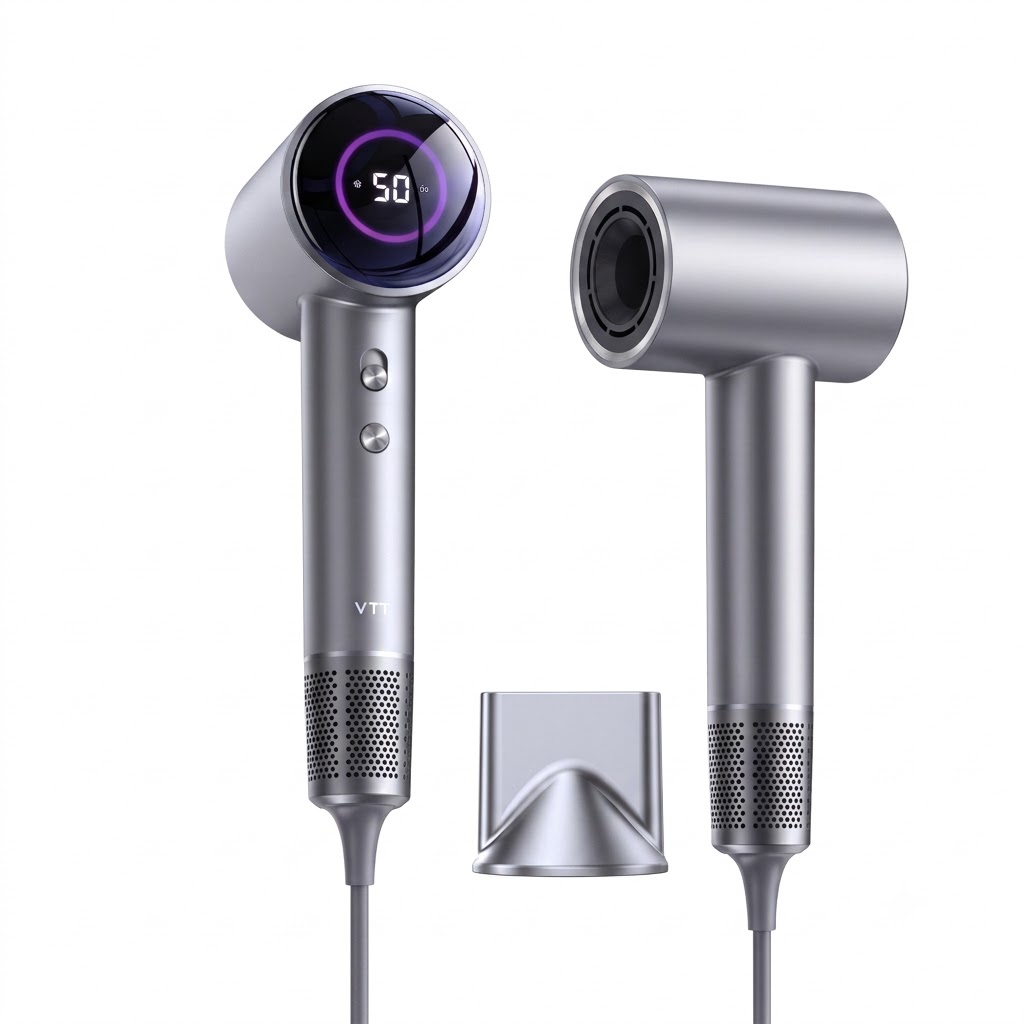 D3 High-Speed Hair Dryer, 1600W Professional Blow Dryer with 200 Million Negative Ions, LED Temperature Display & Magnetic Nozzle (Grey)