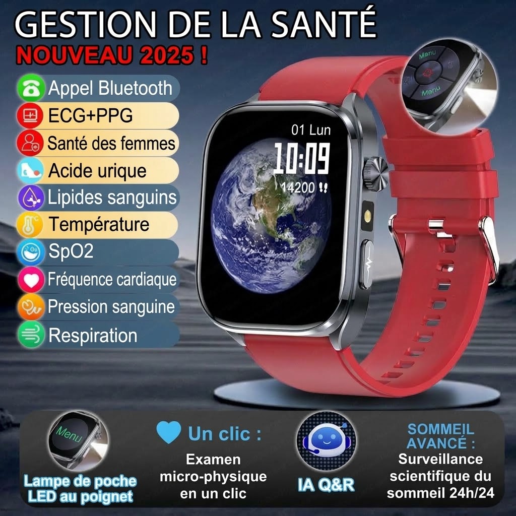 Montre connectée ECG avec écran carré HD et appels Bluetooth