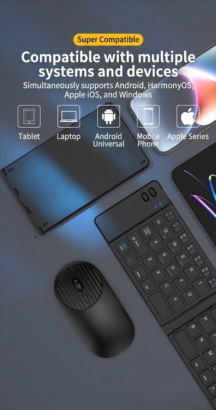 Foldable Bluetooth Keyboard & Mouse Set with 90-Hour Battery, Multi-Device