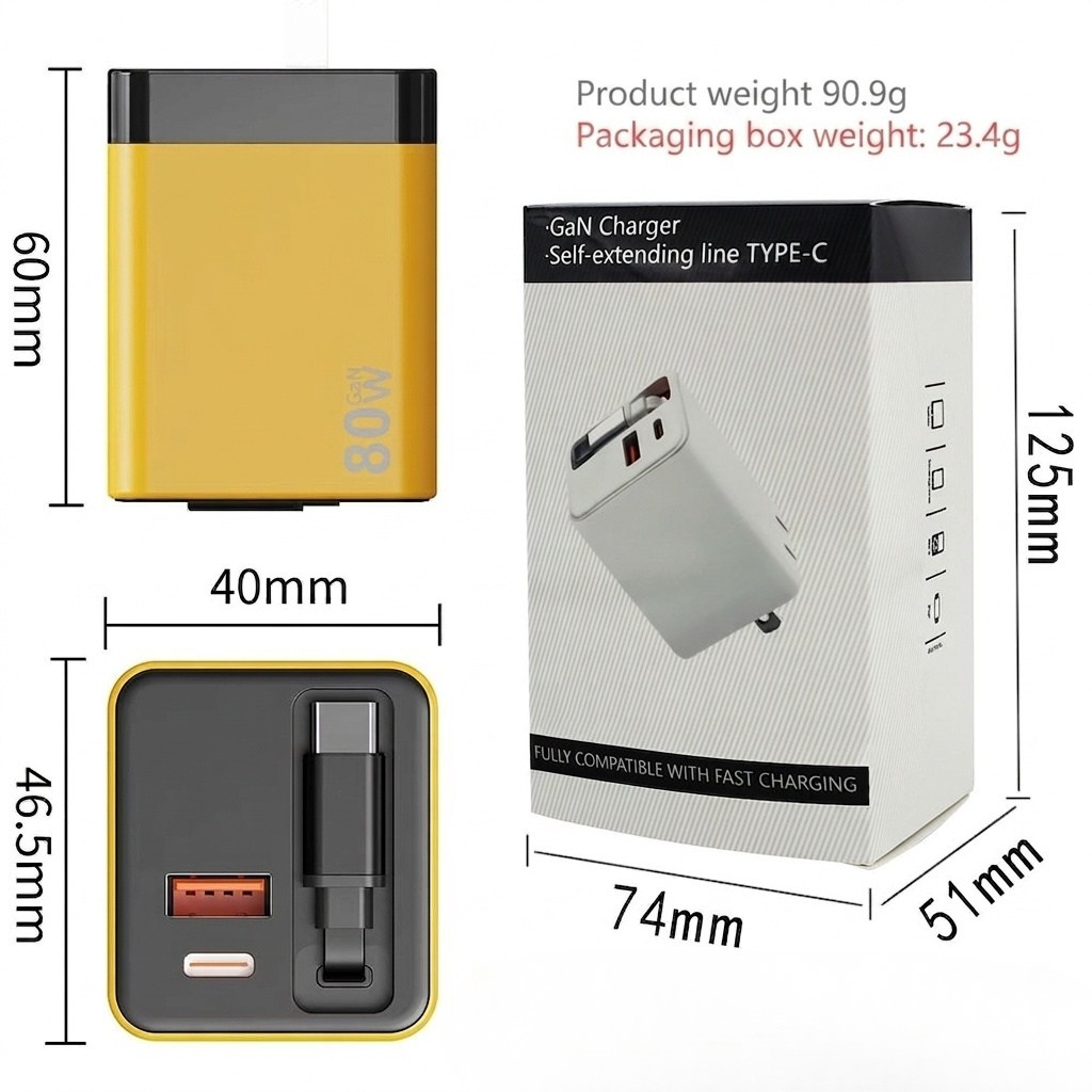 65W GaN Fast Charger with Retractable Type-C Cable
