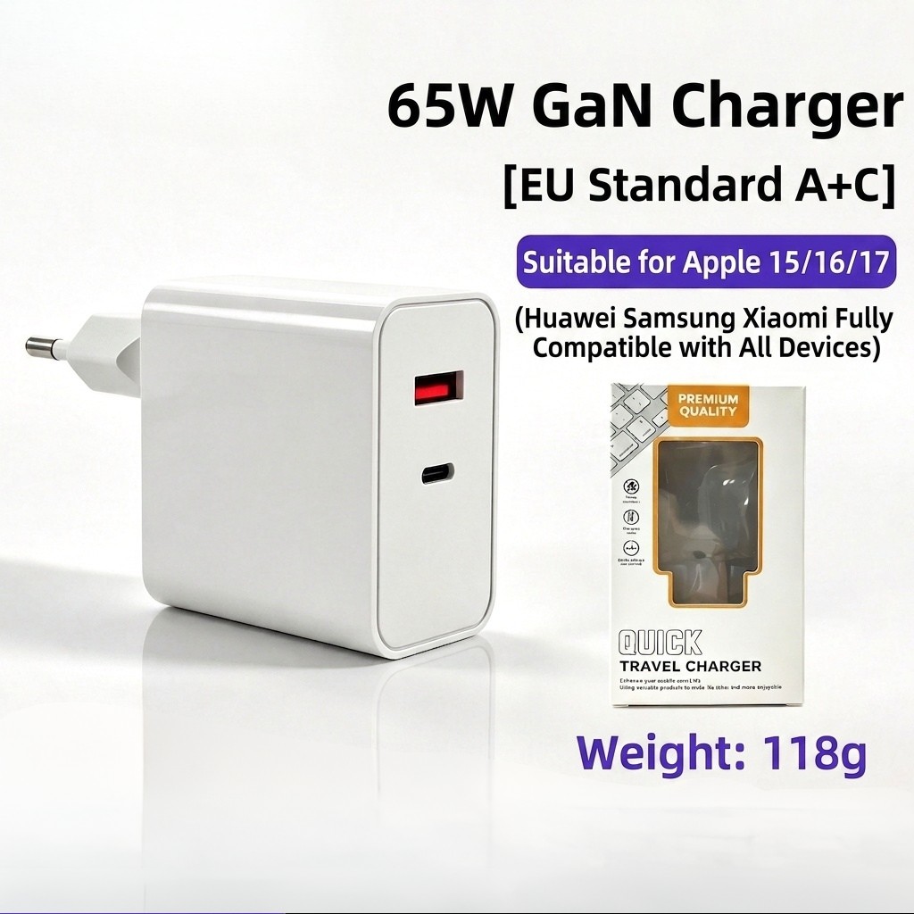65W GaN Fast Charger, USB-C and USB-A Dual Port Wall Adapter